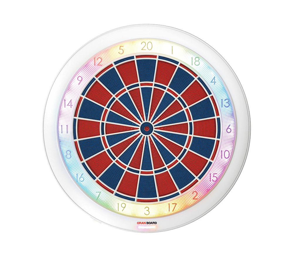 Das Bild zeigt das GranBoard 132 Elektronisches Dartboard. Das Dartboard hat ein rundes Design mit bunten LED-Lichtern am Rand.